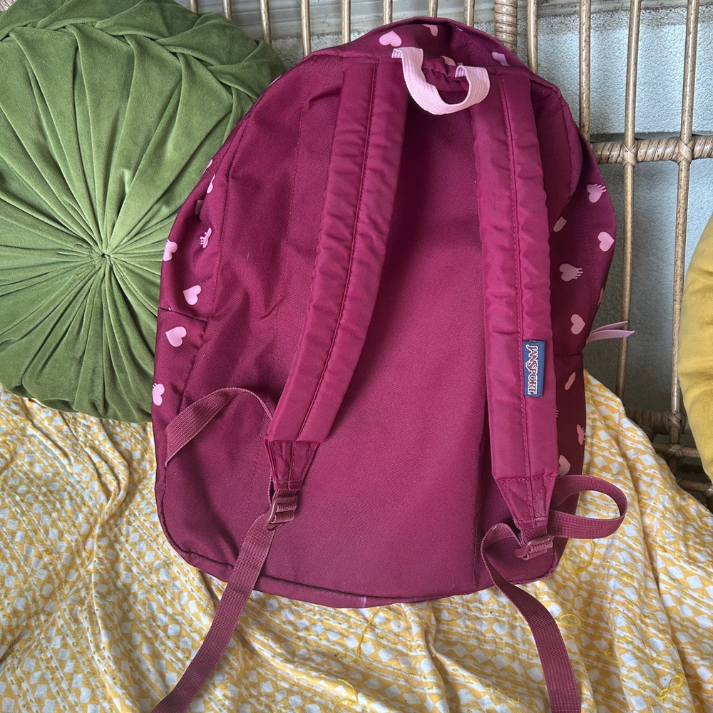 JanSport Burgundy Heart Print Backpack Classic Design - Picture 3 of 8